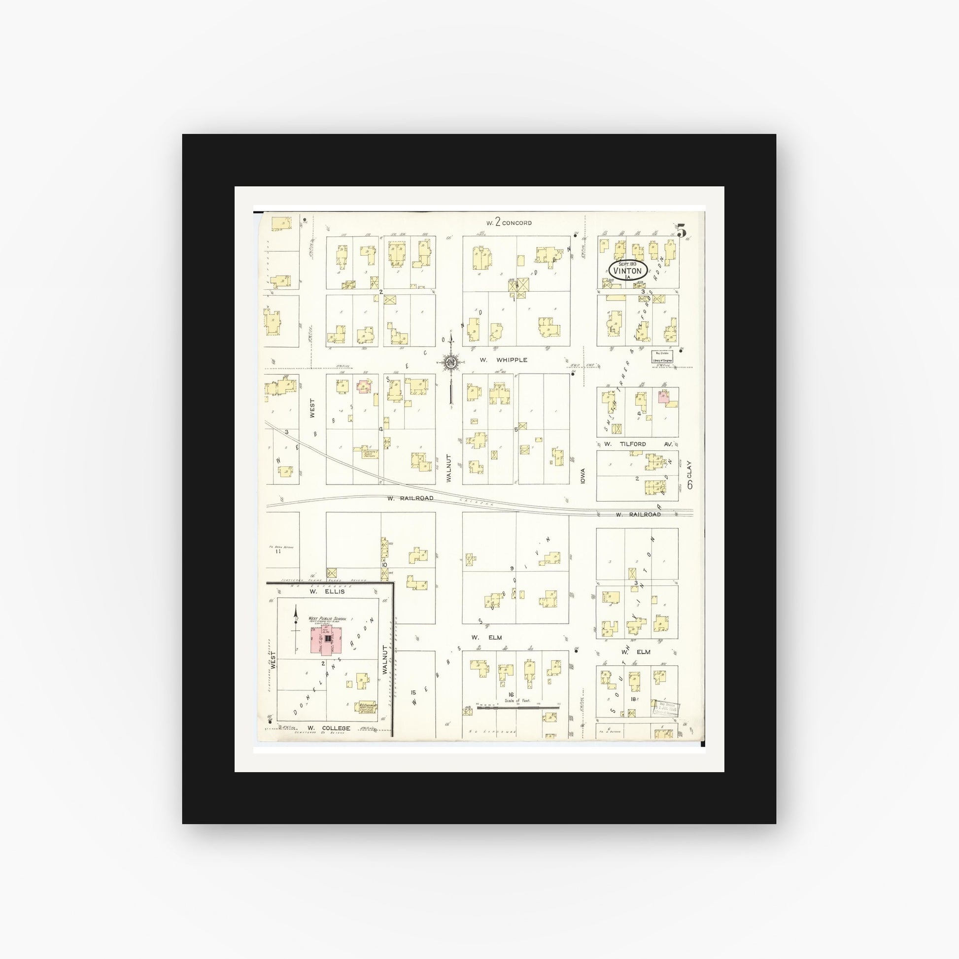 Old map wall art mockup — black gallery frame with white mat — Sanborn Fire Insurance Map from Vinton, Benton County, Iowa (1913), Sheet #0005