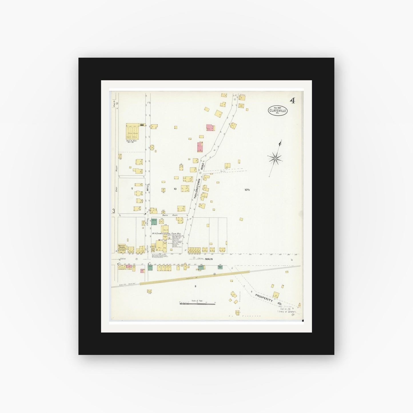 Old map wall art mockup — black gallery frame with white mat — Sanborn Fire Insurance Map from Claysville, Washington County, Pennsylvania (1907), Sheet #0004