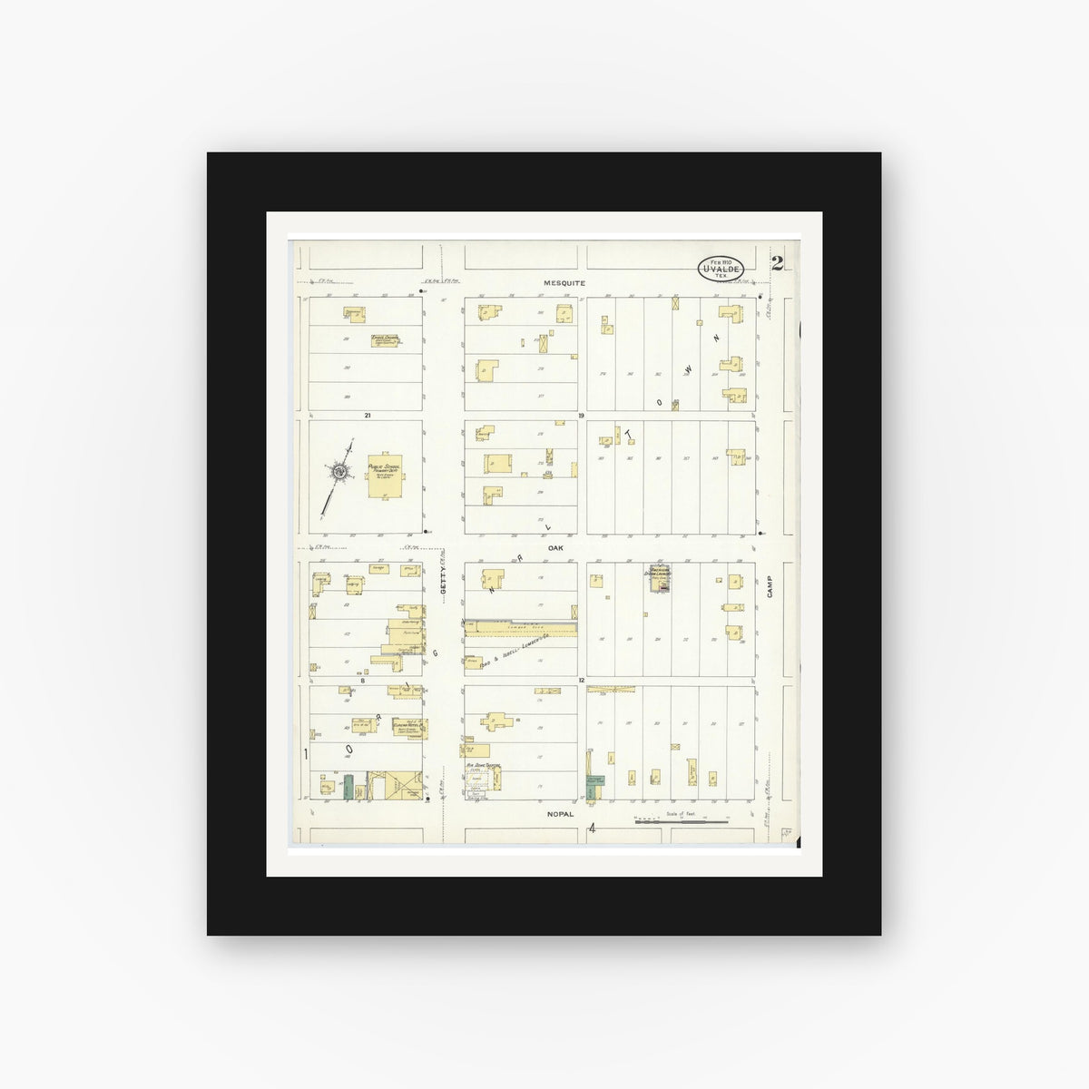 Old map wall art mockup — black gallery frame with white mat — Sanborn Fire Insurance Map from Uvalde, Uvalde County, Texas (1910), Sheet #0002