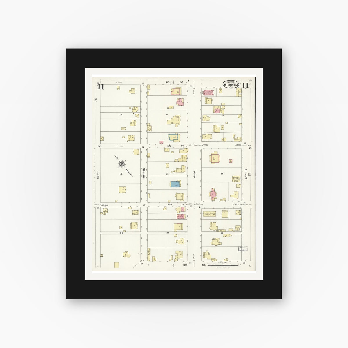 Old map wall art mockup — black gallery frame with white mat — Sanborn Fire Insurance Map from Wytheville, Wythe County, Virginia (1926), Sheet #0011