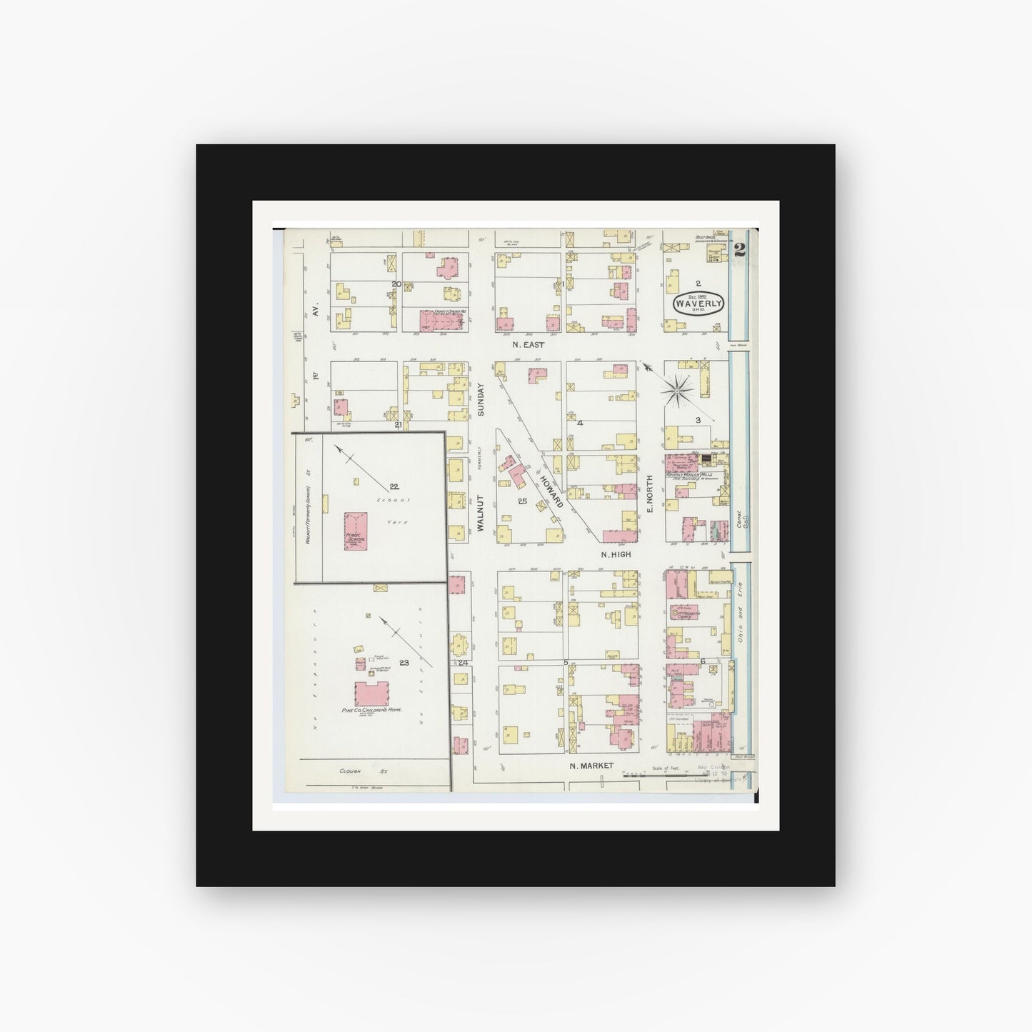 Old map wall art mockup — black gallery frame with white mat — Sanborn Fire Insurance Map from Waverly, Pike County, Ohio (1892), Sheet #0002
