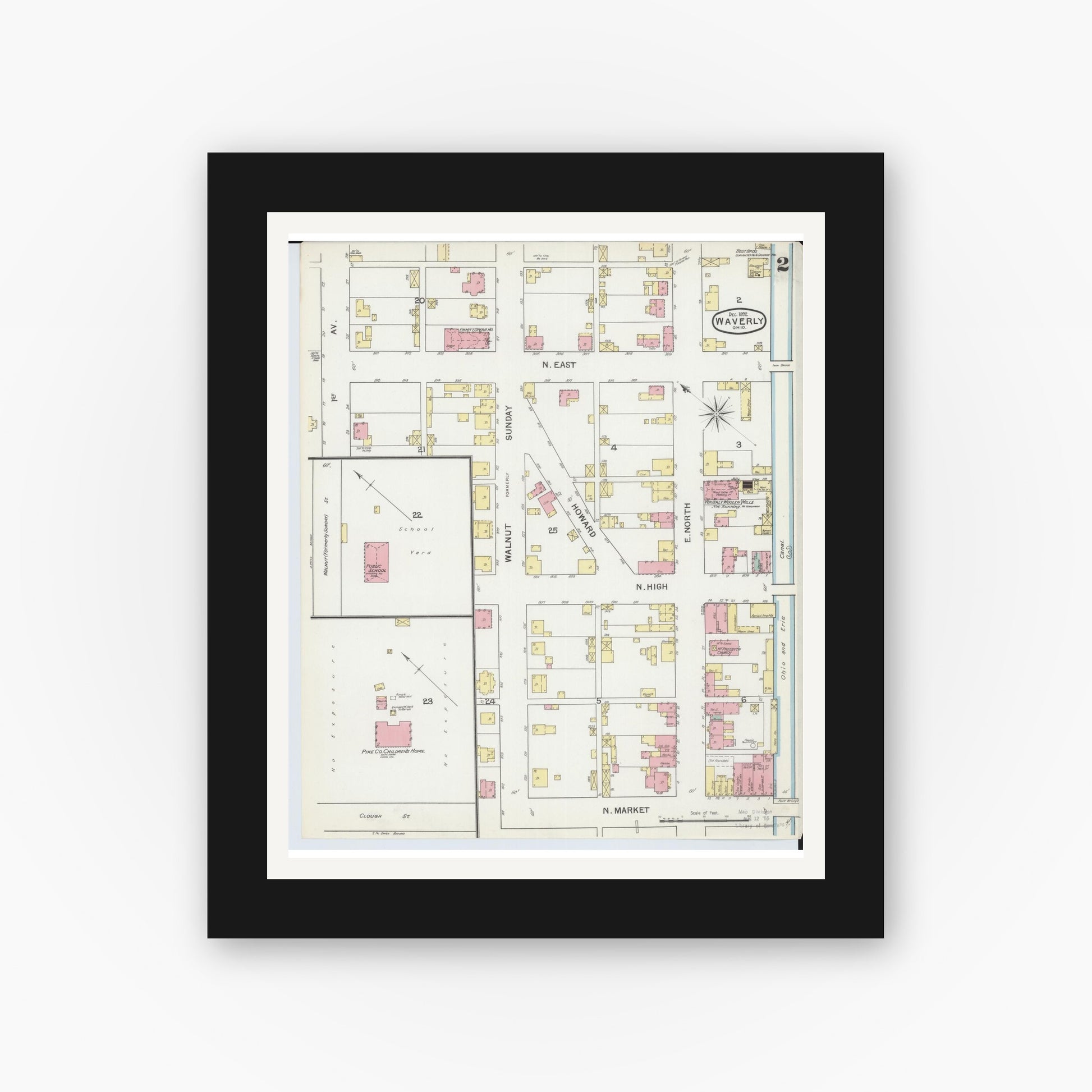 Old map wall art mockup — black gallery frame with white mat — Sanborn Fire Insurance Map from Waverly, Pike County, Ohio (1892), Sheet #0002