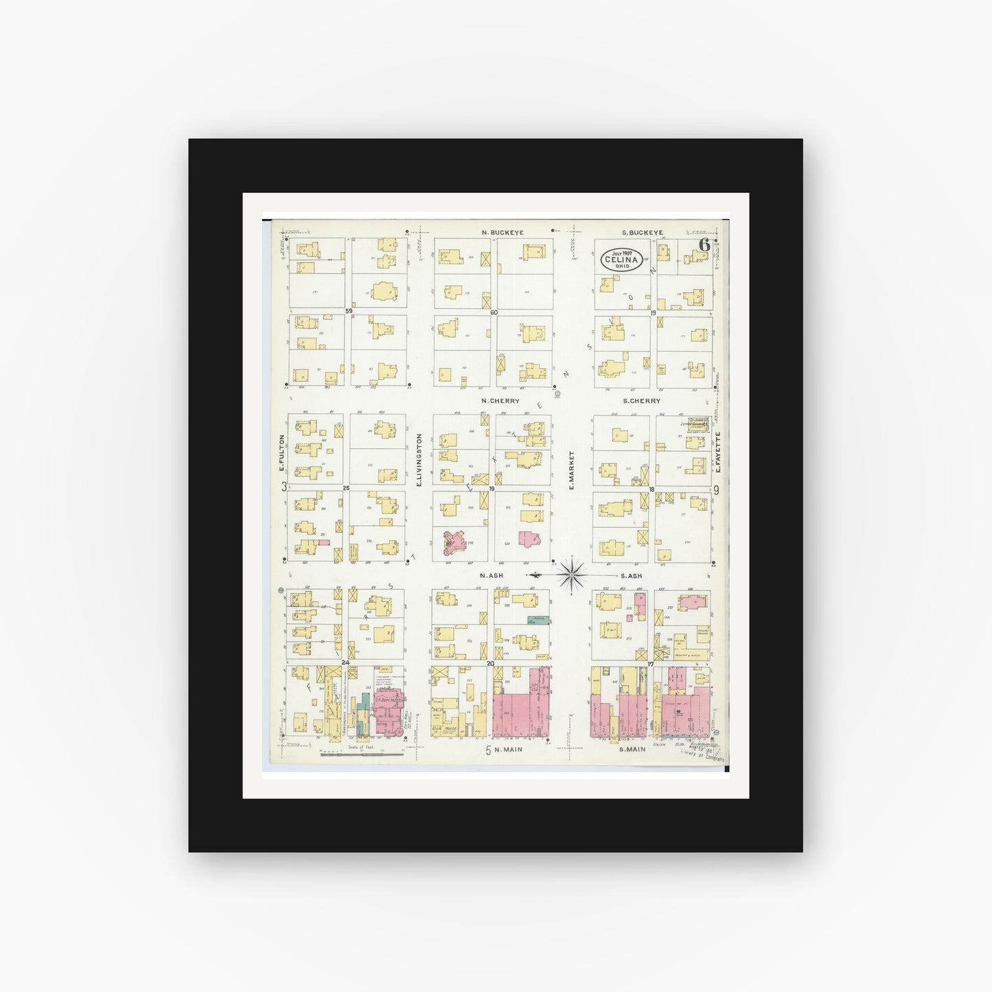 Old map wall art mockup — black gallery frame with white mat — Sanborn Fire Insurance Map from Celina, Mercer County, Ohio (1907), Sheet #0006