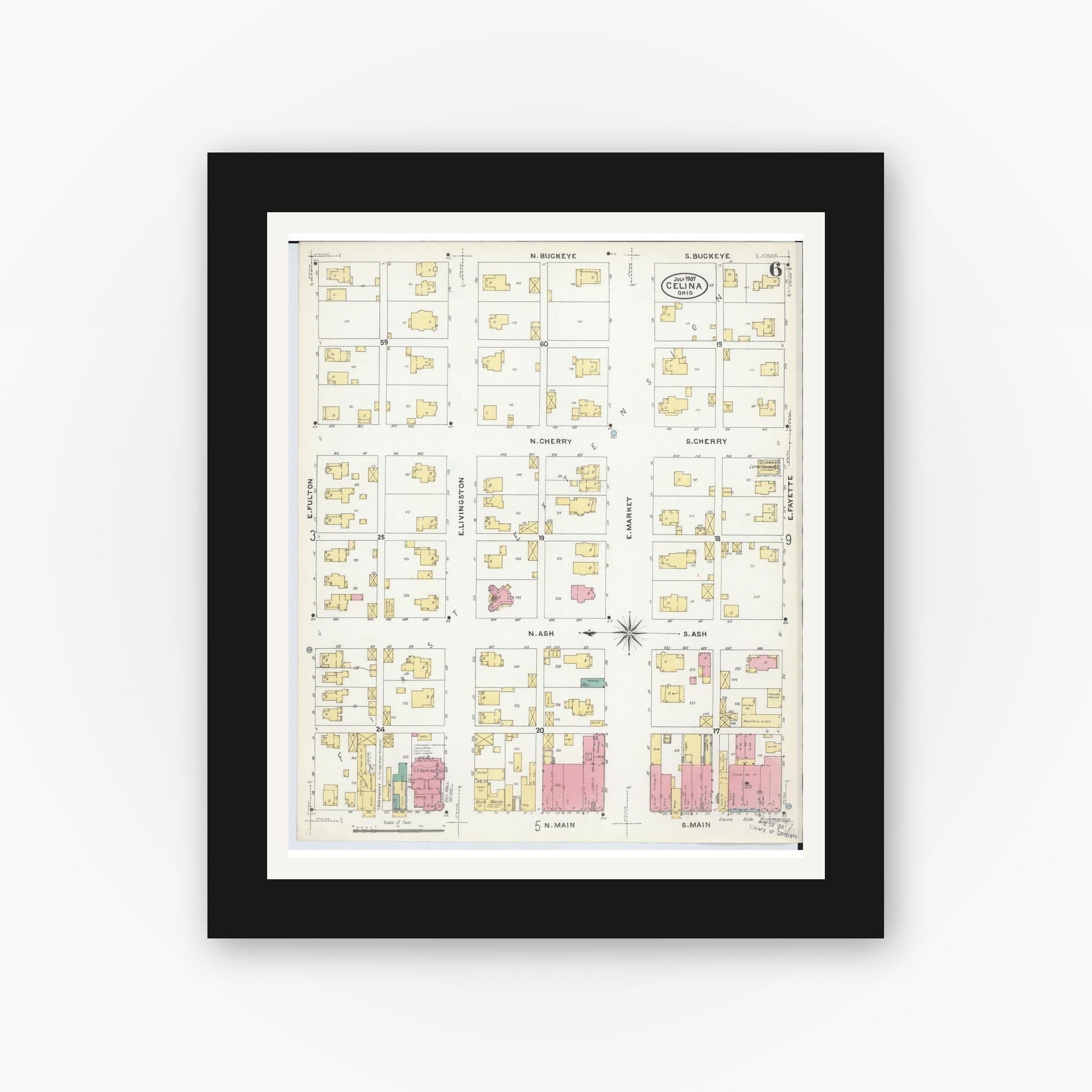 Old map wall art mockup — black gallery frame with white mat — Sanborn Fire Insurance Map from Celina, Mercer County, Ohio (1907), Sheet #0006