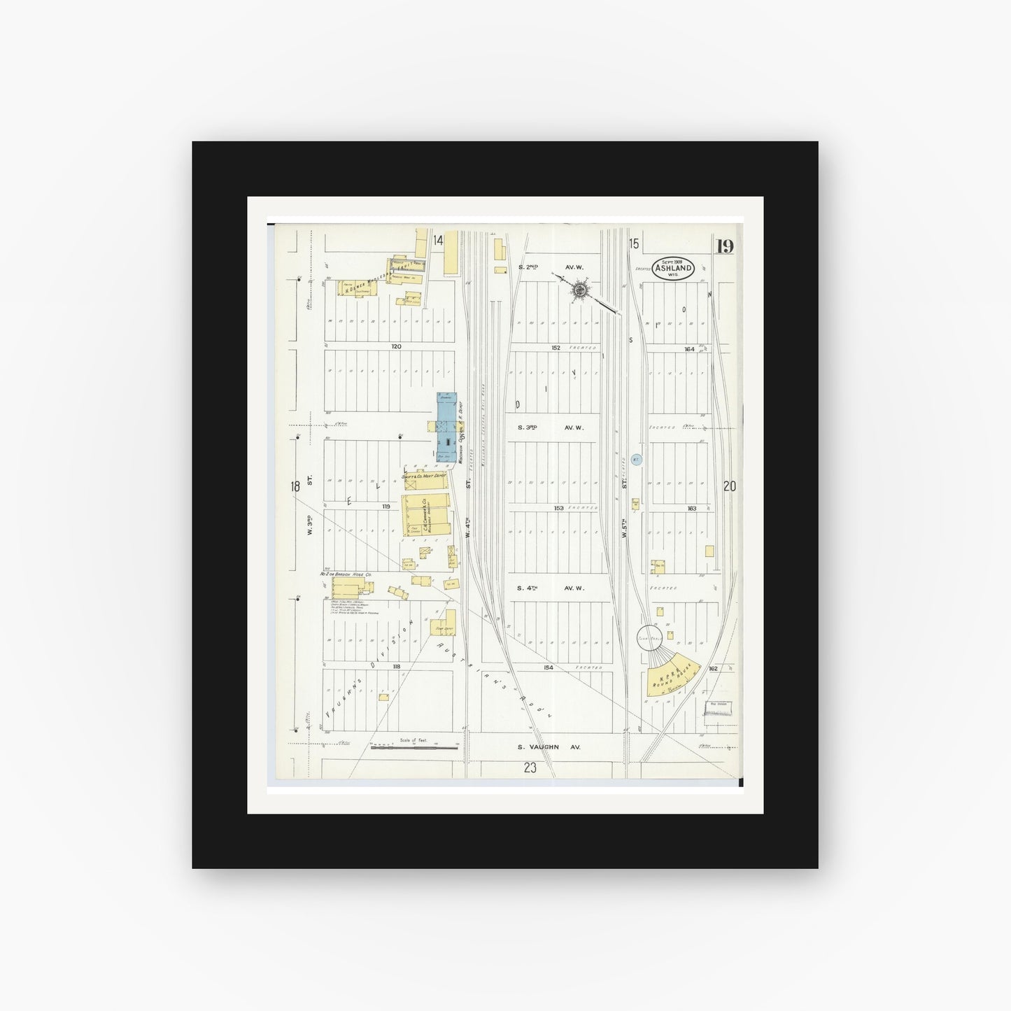 Old map wall art mockup — black gallery frame with white mat — Sanborn Fire Insurance Map from Ashland, Ashland County, Wisconsin (1909), Sheet #0019