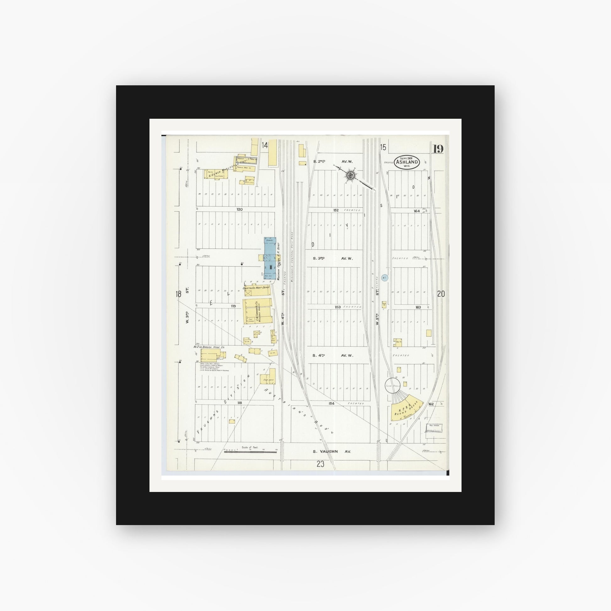 Old map wall art mockup — black gallery frame with white mat — Sanborn Fire Insurance Map from Ashland, Ashland County, Wisconsin (1909), Sheet #0019
