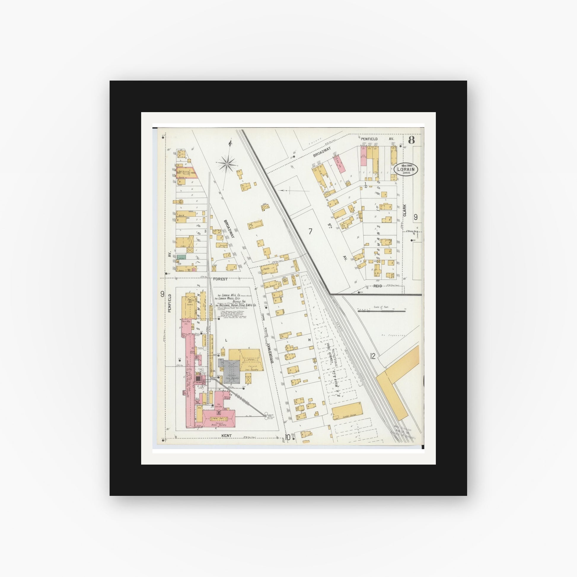 Old map wall art mockup — black gallery frame with white mat — Sanborn Fire Insurance Map from Lorain, Lorain County, Ohio (1900), Sheet #0008