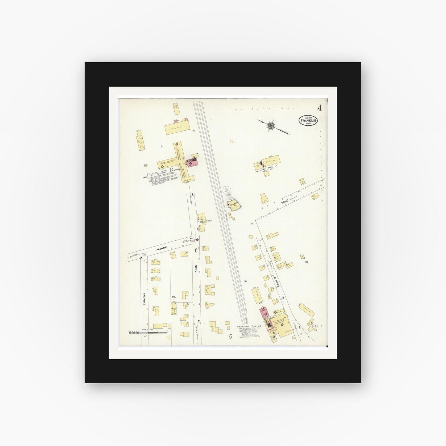 Old map wall art mockup — black gallery frame with white mat — Sanborn Fire Insurance Map from Franklin, Norfolk County, Massachusetts (1911), Sheet #0004