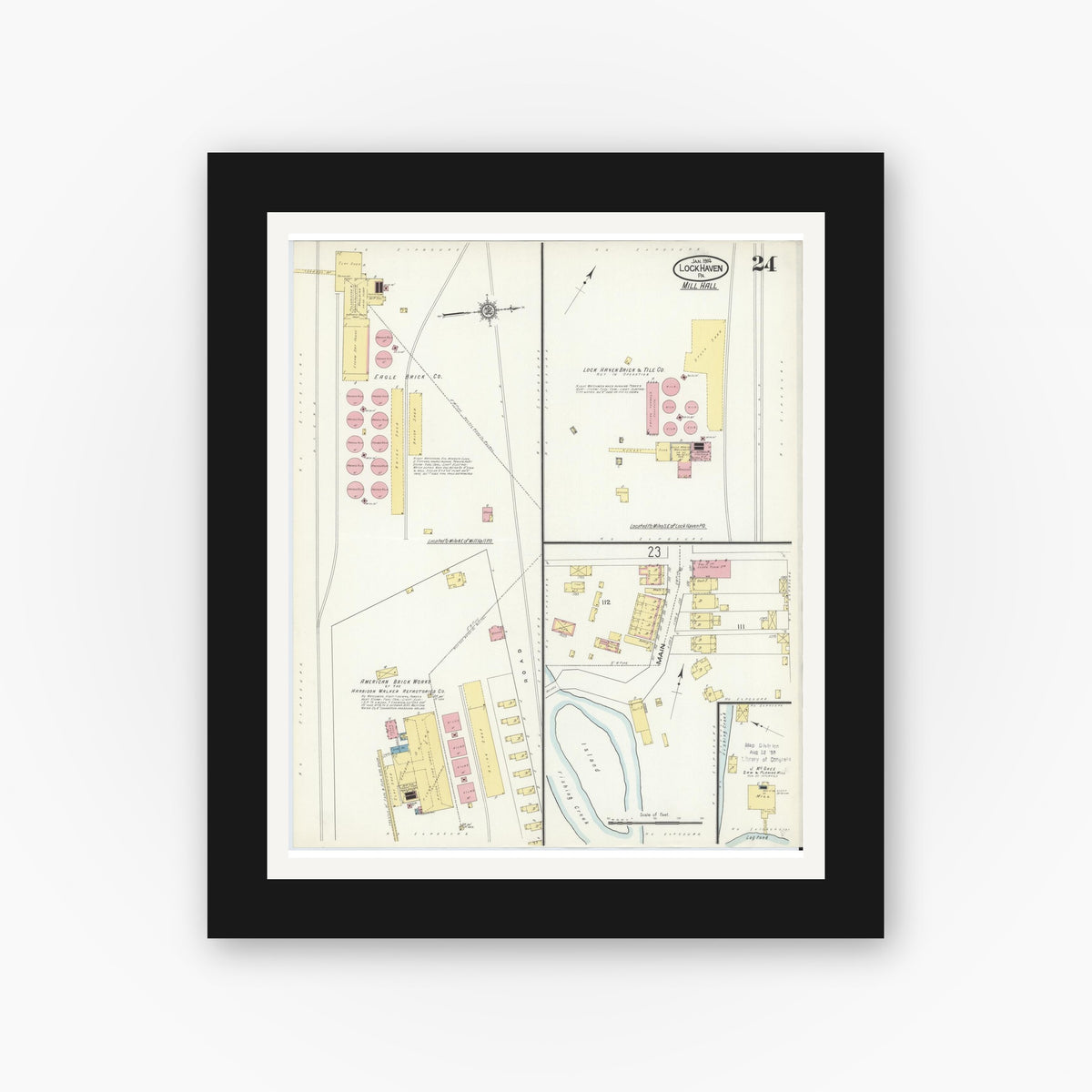 Old map wall art mockup — black gallery frame with white mat — Sanborn Fire Insurance Map from Lock Haven, Clinton County, Pennsylvania (1914), Sheet #0024
