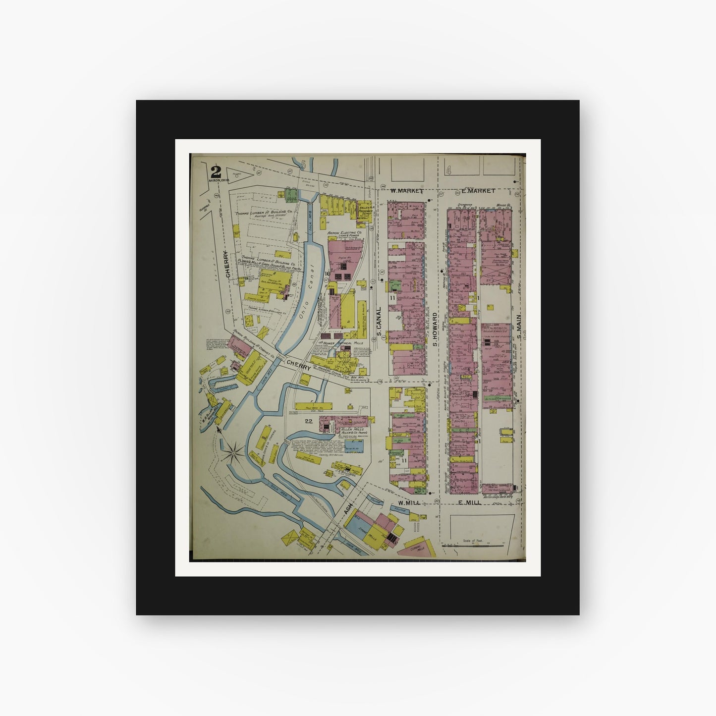 Old map wall art mockup — black gallery frame with white mat — Sanborn Fire Insurance Map from Akron, Summit County, Ohio (1892), Sheet #0002