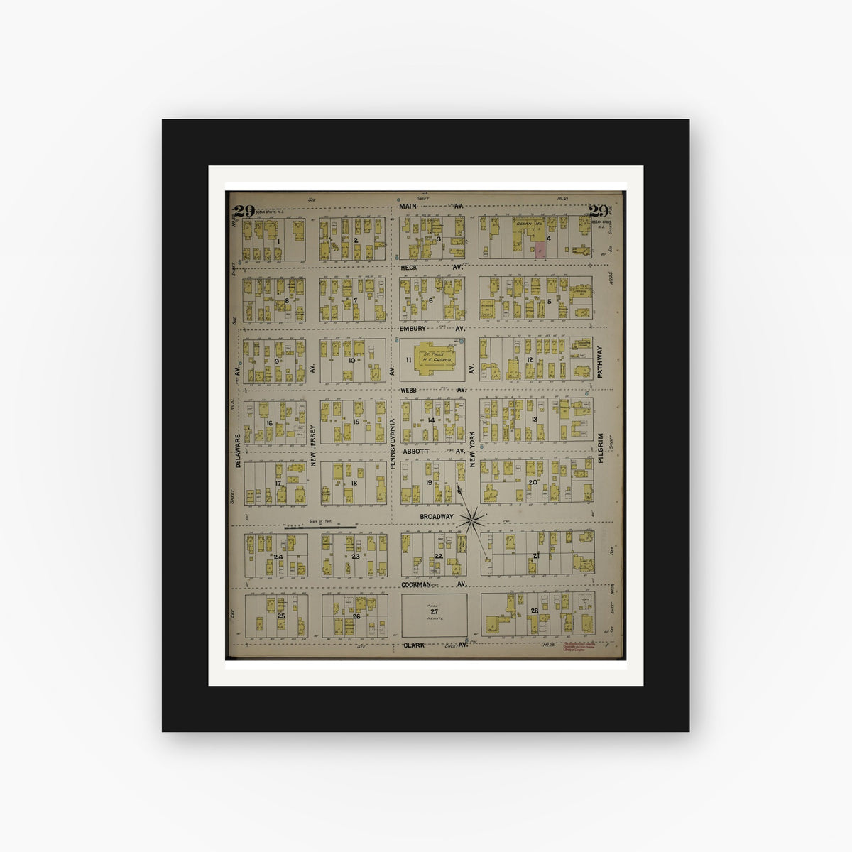 Old map wall art mockup — black gallery frame with white mat — Sanborn Fire Insurance Map from New Jersey Coast, New Jersey Coast, New Jersey (1890), Sheet #0029