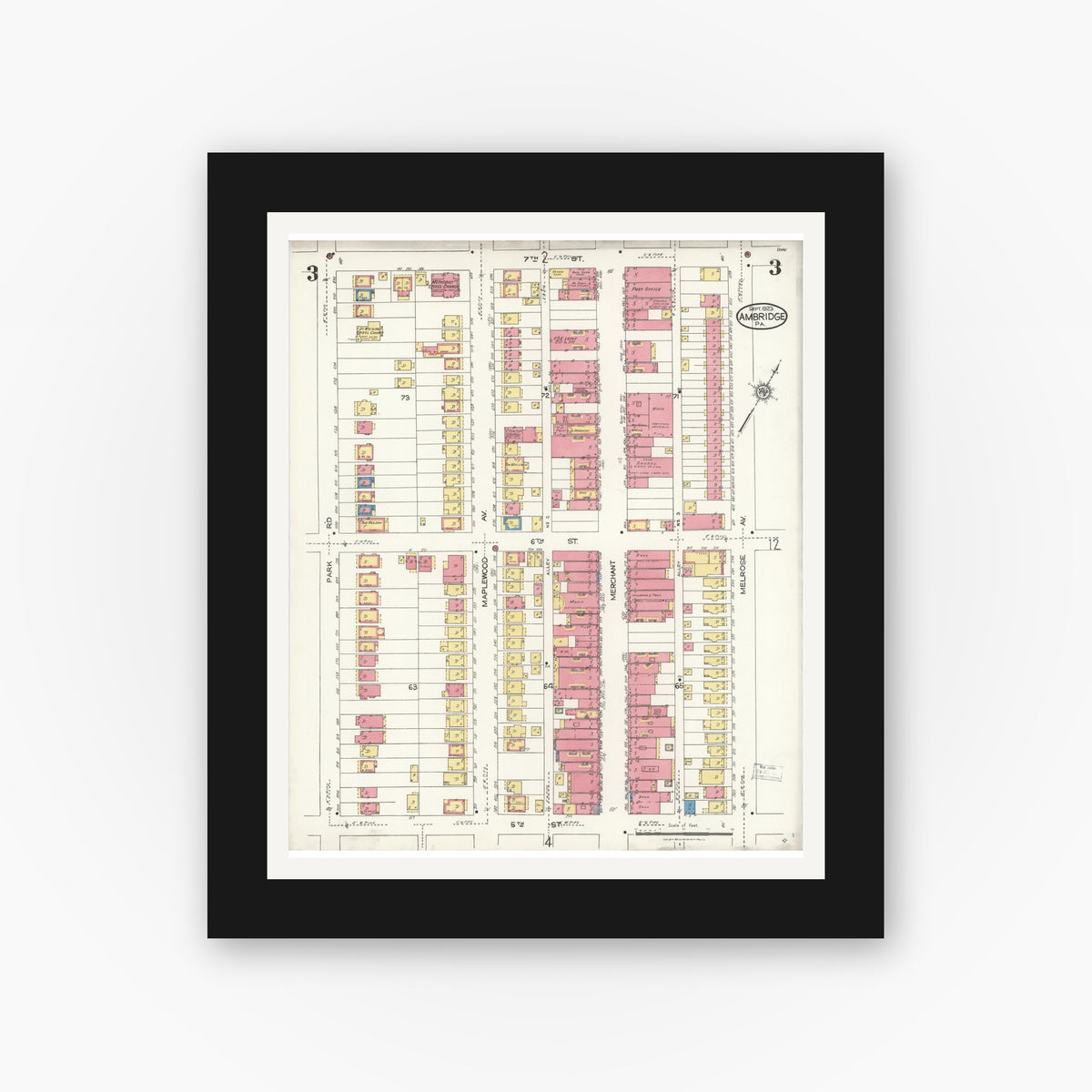 Old map wall art mockup — black gallery frame with white mat — Sanborn Fire Insurance Map from Ambridge, Beaver County, Pennsylvania (1923), Sheet #0003