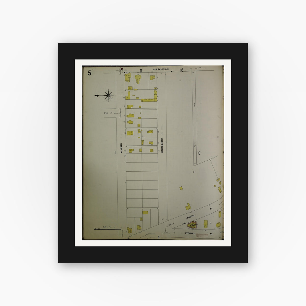 Old map wall art mockup — black gallery frame with white mat — Sanborn Fire Insurance Map from Jackson, Jackson County, Michigan (1907), Sheet #0005