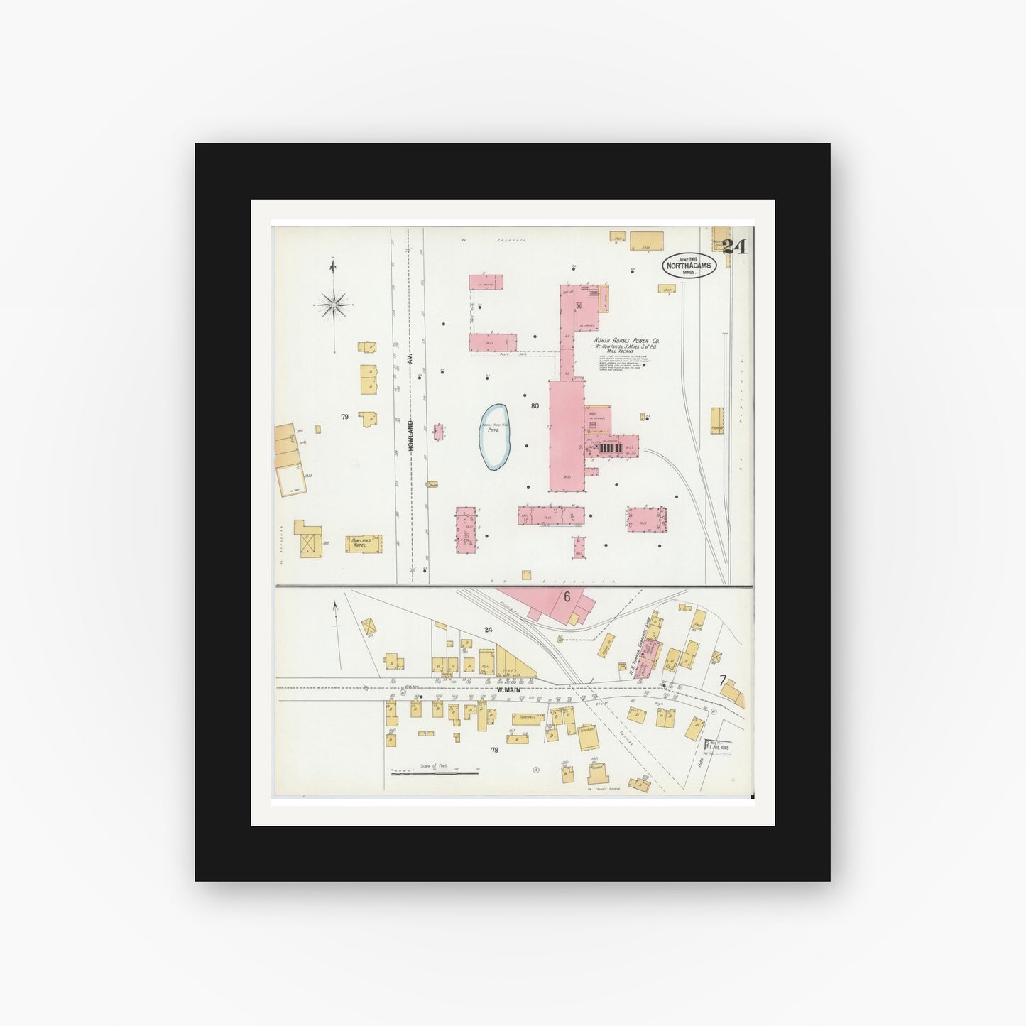 Old map wall art mockup — black gallery frame with white mat — Sanborn Fire Insurance Map from North Adams, Berkshire County, Massachusetts (1901), Sheet #0024