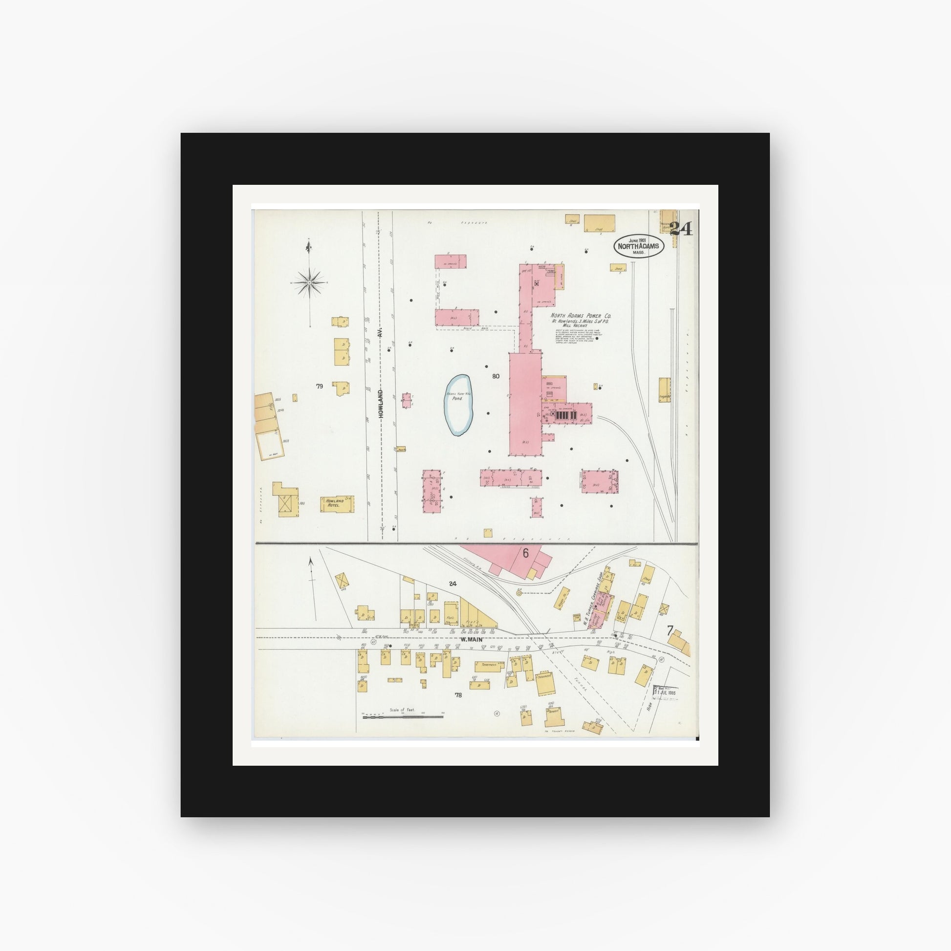 Old map wall art mockup — black gallery frame with white mat — Sanborn Fire Insurance Map from North Adams, Berkshire County, Massachusetts (1901), Sheet #0024