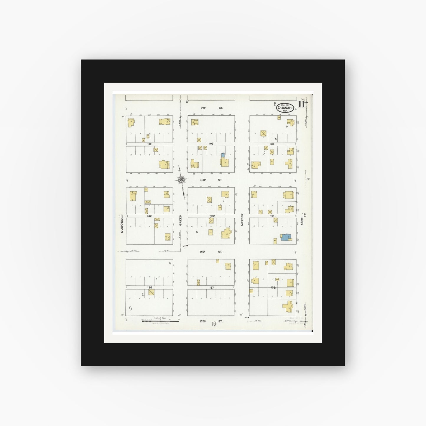 Old map wall art mockup — black gallery frame with white mat — Sanborn Fire Insurance Map from Quanah, Hardeman County, Texas (1921), Sheet #0011