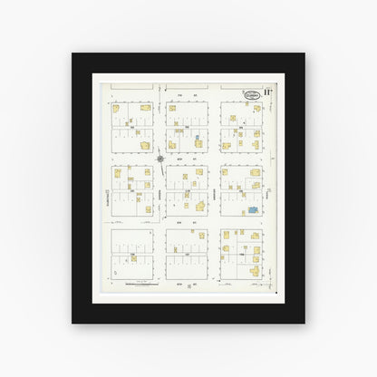 Old map wall art mockup — black gallery frame with white mat — Sanborn Fire Insurance Map from Quanah, Hardeman County, Texas (1921), Sheet #0011