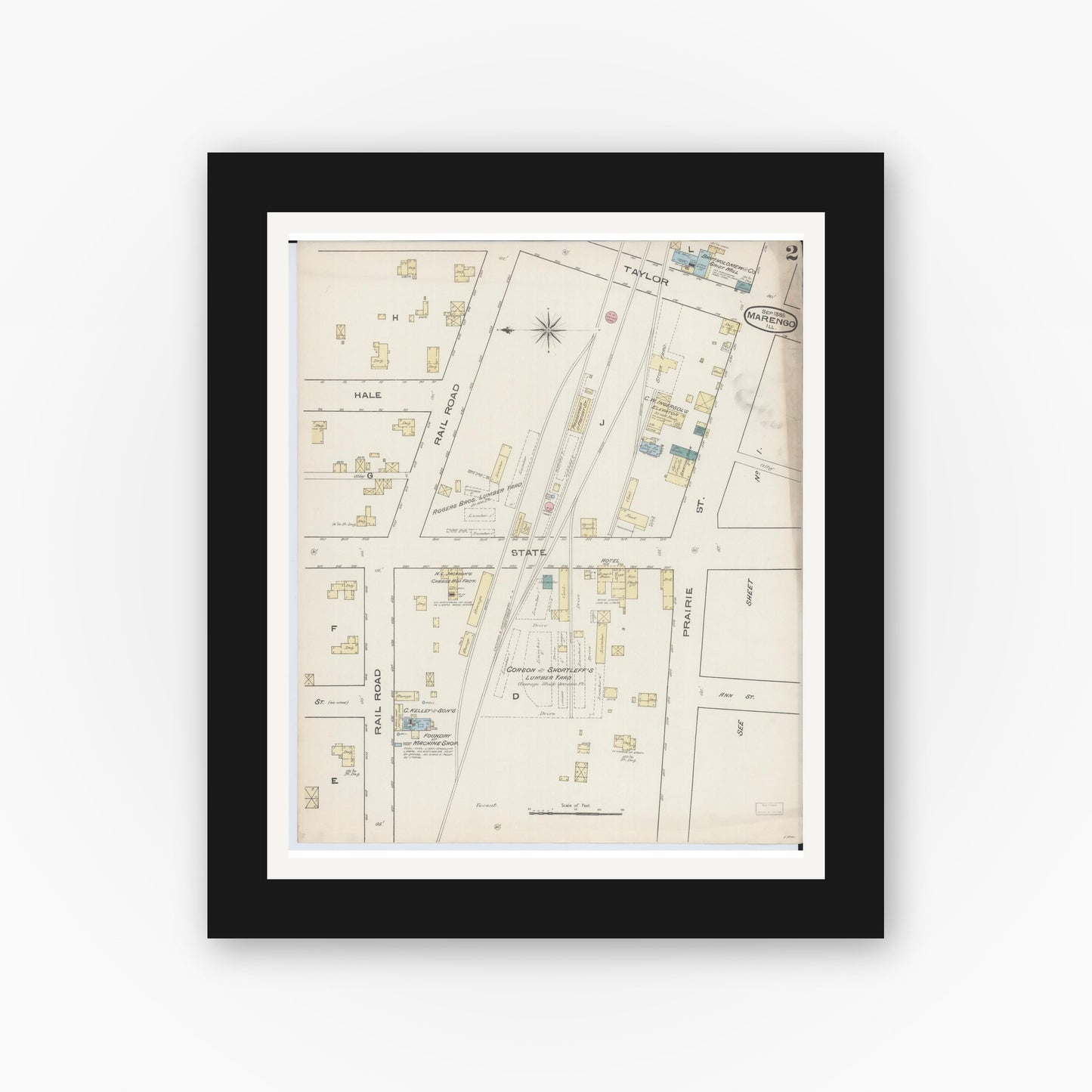 Old map wall art mockup — black gallery frame with white mat — Sanborn Fire Insurance Map from Marengo, McHenry County, Illinois (1885), Sheet #0002