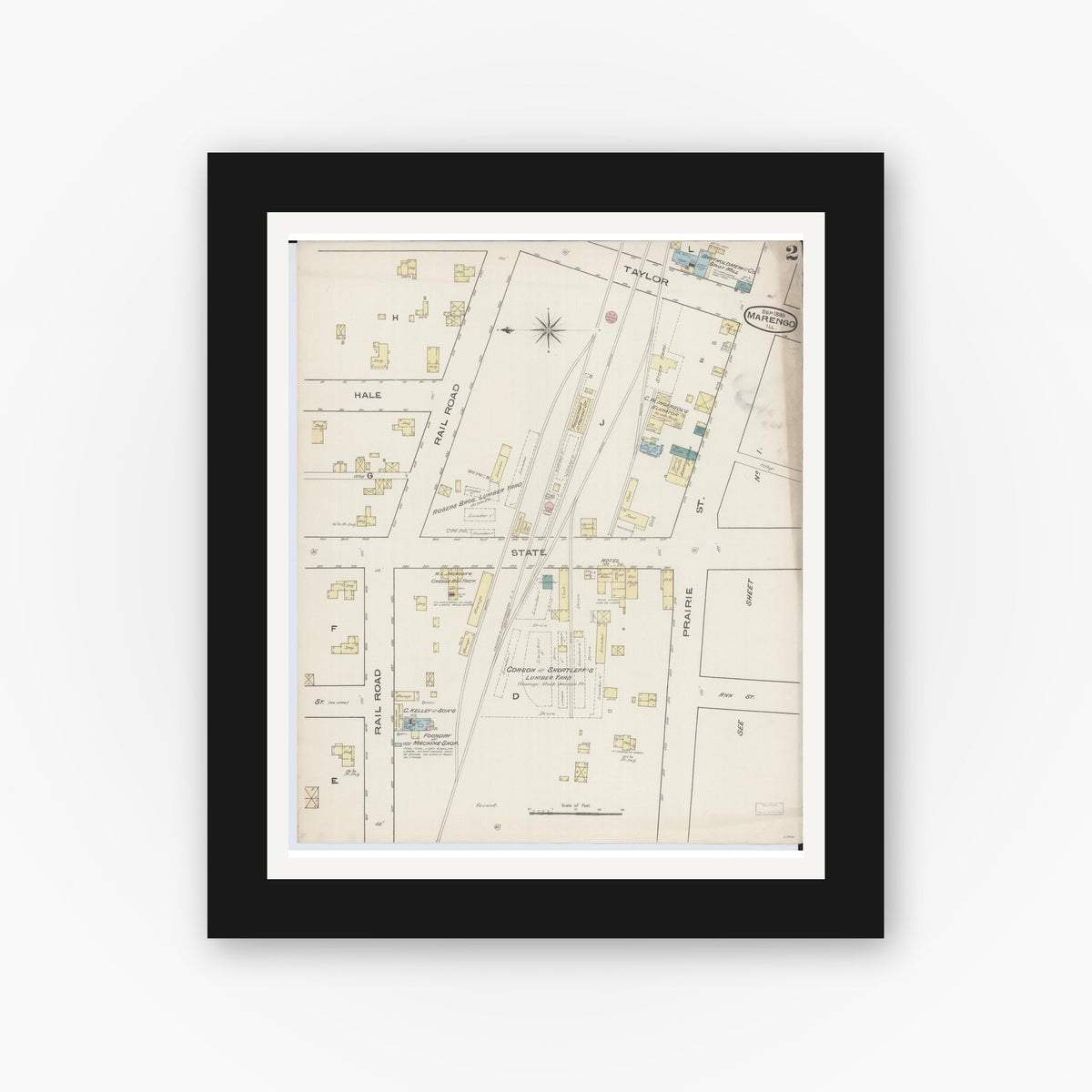 Old map wall art mockup — black gallery frame with white mat — Sanborn Fire Insurance Map from Marengo, McHenry County, Illinois (1885), Sheet #0002