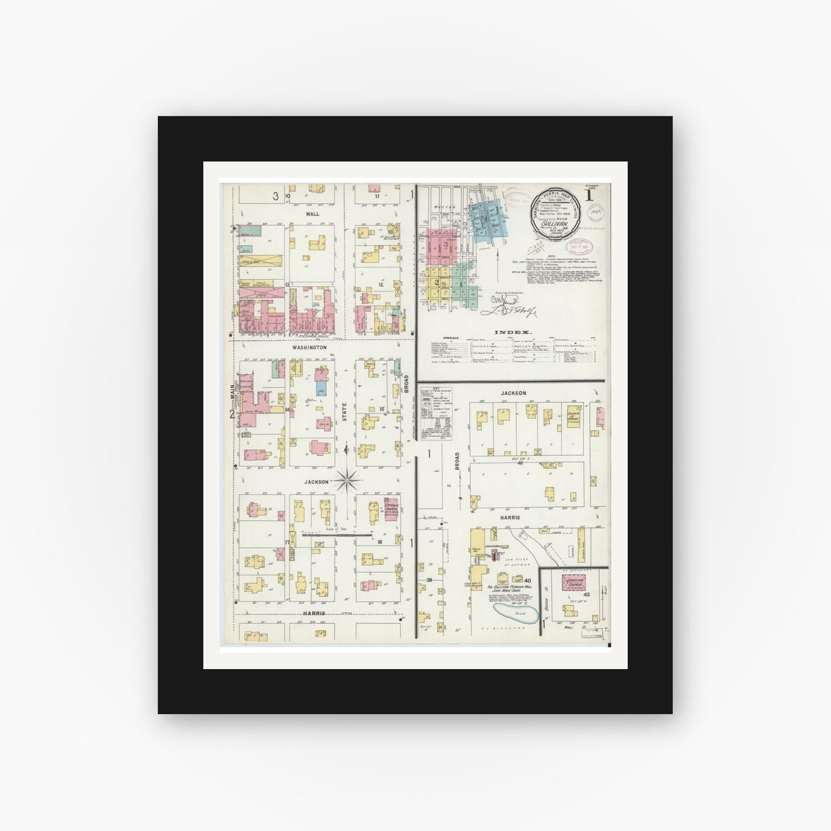 Old map wall art mockup — black gallery frame with white mat — Sanborn Fire Insurance Map from Sullivan, Sullivan County, Indiana (1897), Sheet #0001