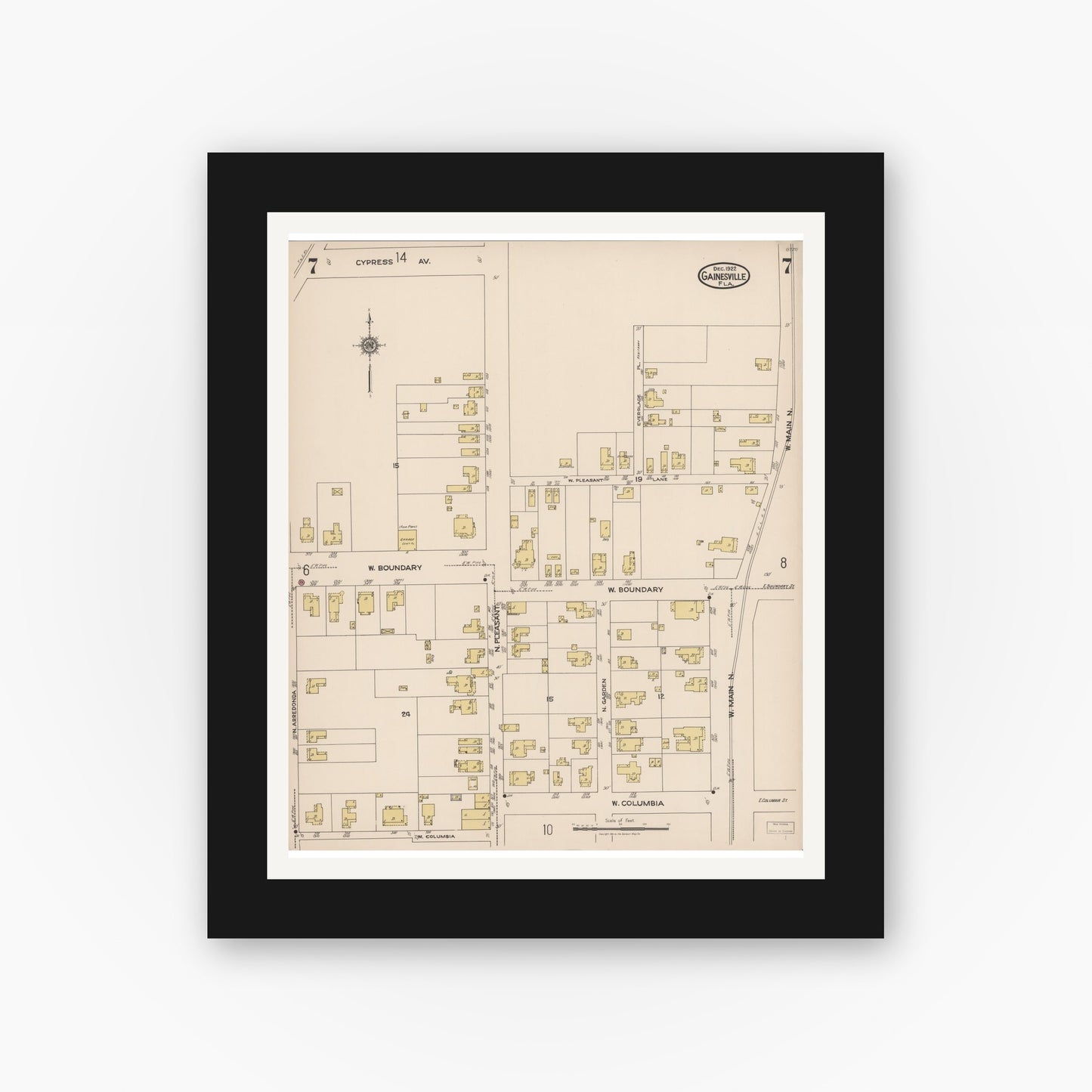 Old map wall art mockup — black gallery frame with white mat — Sanborn Fire Insurance Map from Gainesville, Alachua County, Florida (1922), Sheet #0007