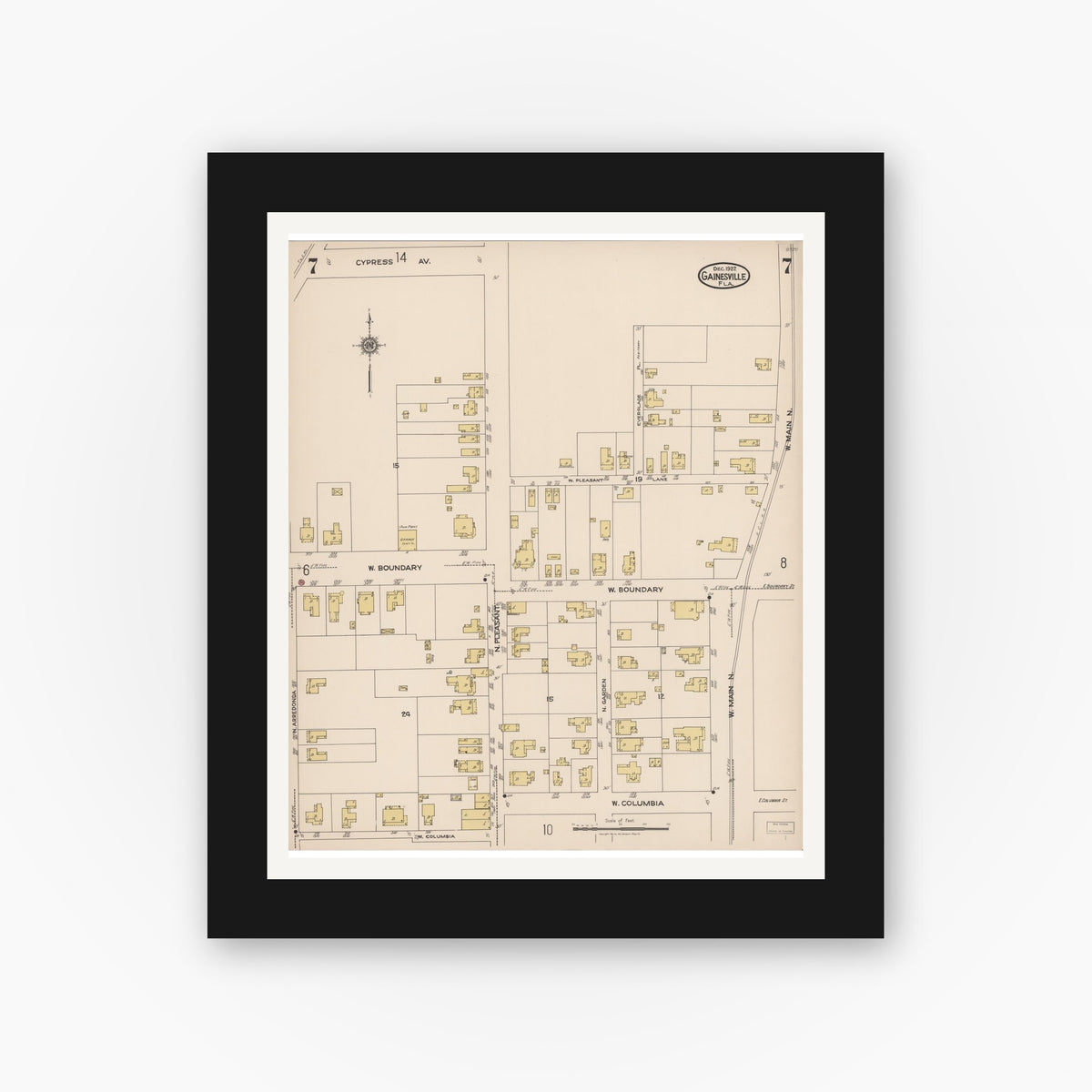 Old map wall art mockup — black gallery frame with white mat — Sanborn Fire Insurance Map from Gainesville, Alachua County, Florida (1922), Sheet #0007