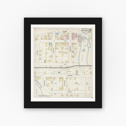 Old map wall art mockup — black gallery frame with white mat — Sanborn Fire Insurance Map from Sheboygan Falls, Sheboygan County, Wisconsin (1887), Sheet #0002