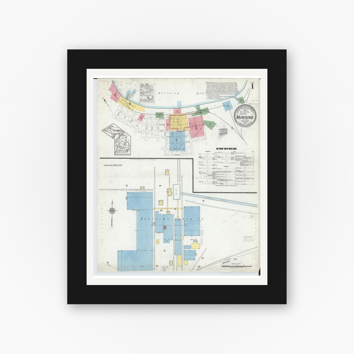 Old map wall art mockup — black gallery frame with white mat — Sanborn Fire Insurance Map from Munising, Alger County, Michigan (1917), Sheet #0001