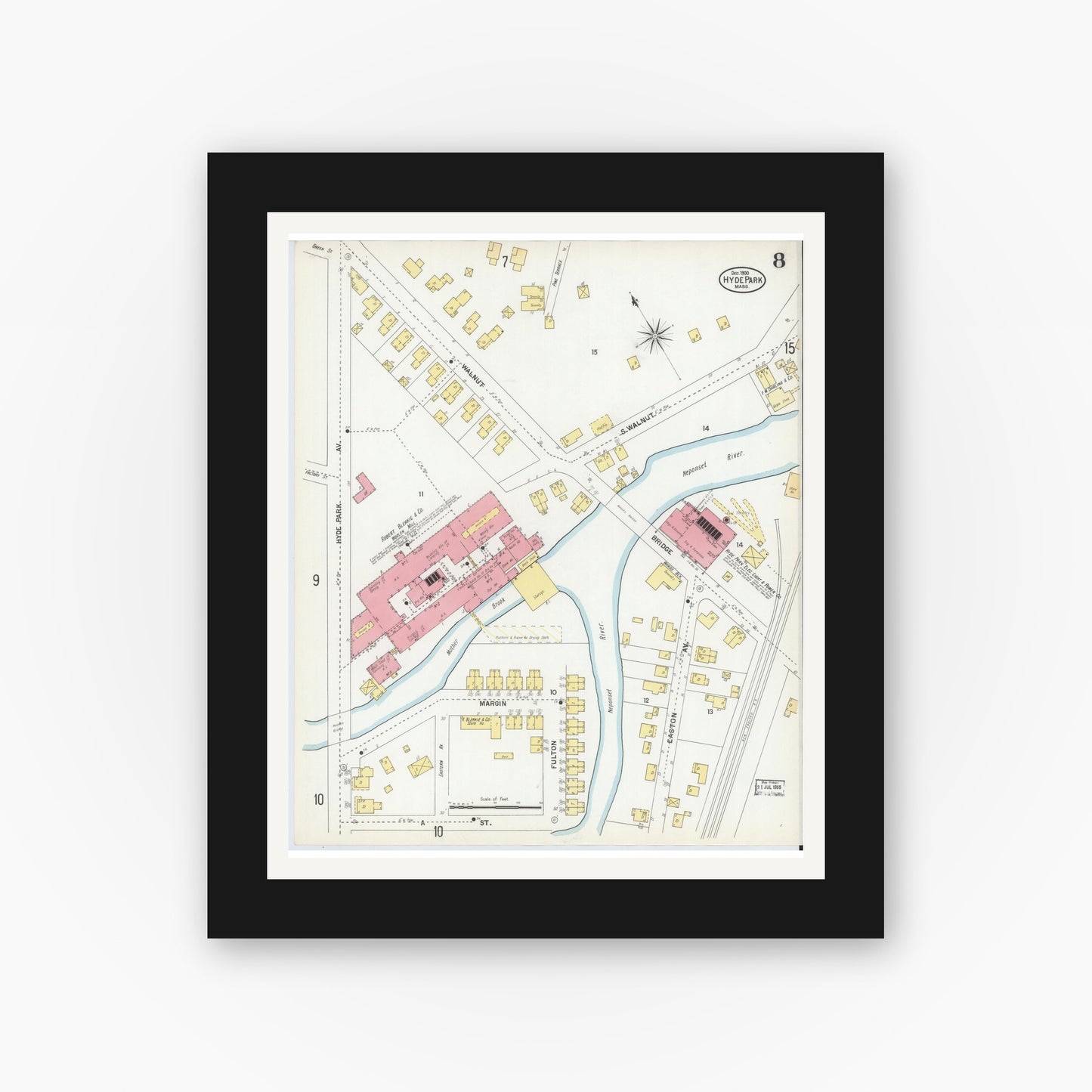 Old map wall art mockup — black gallery frame with white mat — Sanborn Fire Insurance Map from Hyde Park, Norfolk County, Massachusetts (1900), Sheet #0008