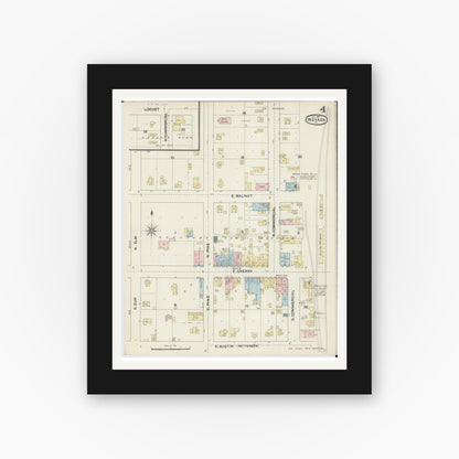 Old map wall art mockup — black gallery frame with white mat — Sanborn Fire Insurance Map from Nevada, Vernon County, Missouri (1890), Sheet #0004