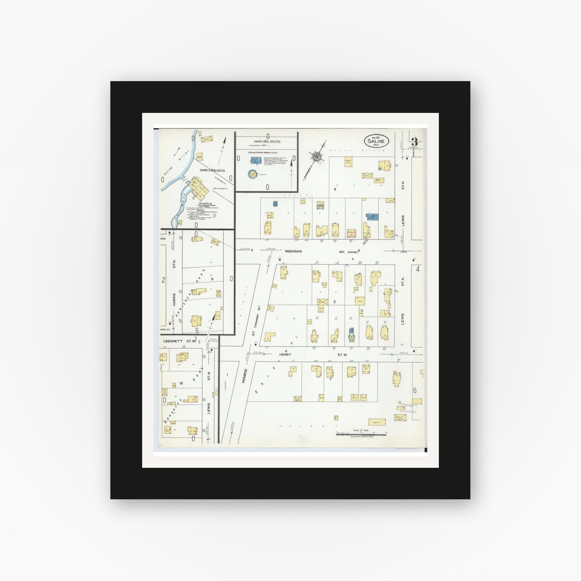 Old map wall art mockup — black gallery frame with white mat — Sanborn Fire Insurance Map from Saline, Washtenaw County, Michigan (1921), Sheet #0003