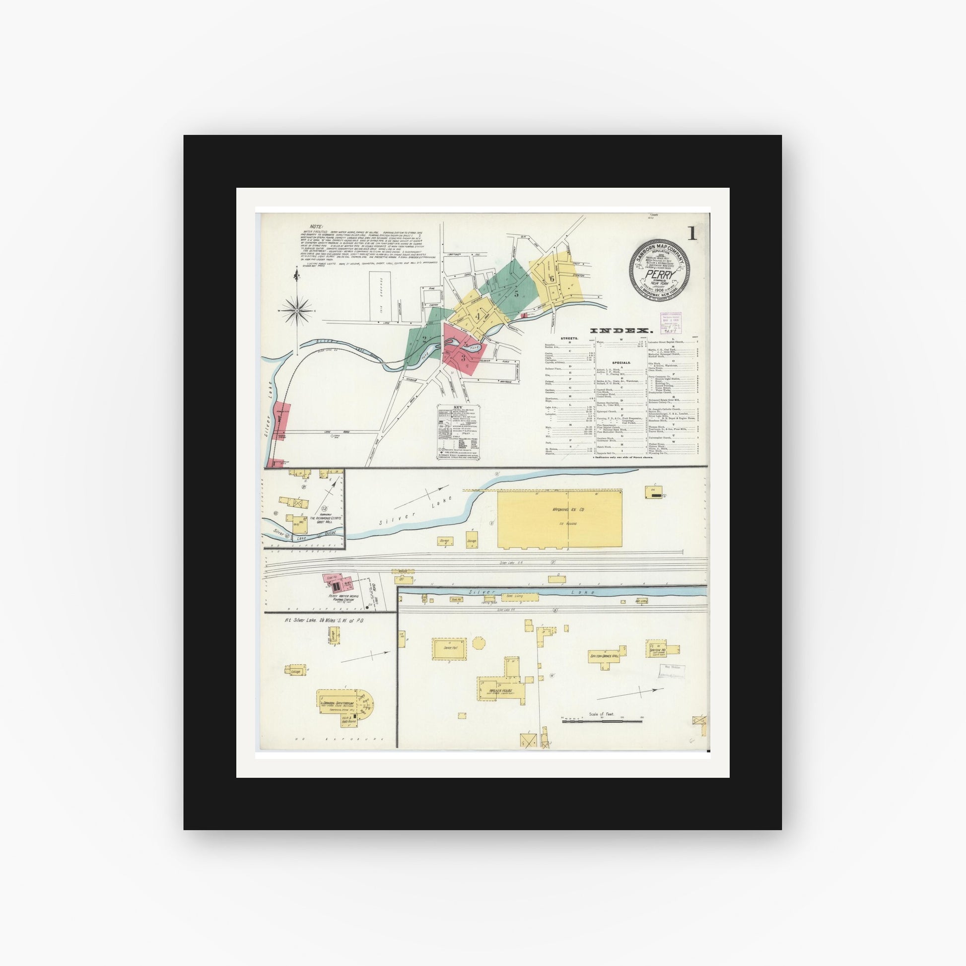 Old map wall art mockup — black gallery frame with white mat — Sanborn Fire Insurance Map from Perry, Wyoming County, New York (1906) - Complete Map Set