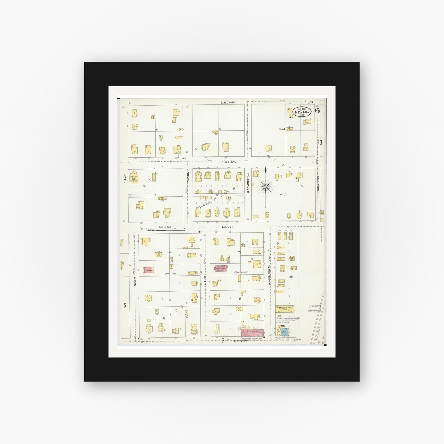 Old map wall art mockup — black gallery frame with white mat — Sanborn Fire Insurance Map from Nevada, Vernon County, Missouri (1906), Sheet #0006