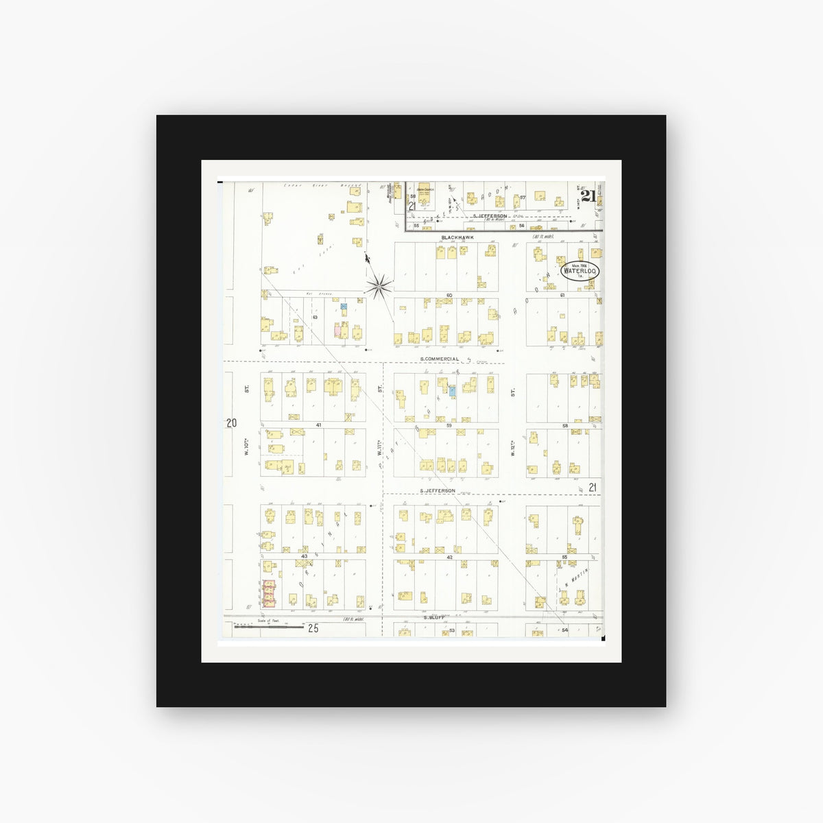Old map wall art mockup — black gallery frame with white mat — Sanborn Fire Insurance Map from Waterloo, Black Hawk County, Iowa (1906), Sheet #0021