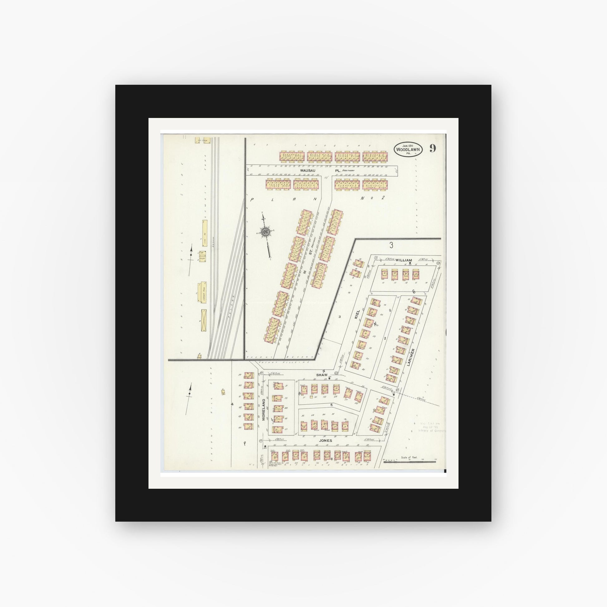 Old map wall art mockup — black gallery frame with white mat — Sanborn Fire Insurance Map from Woodlawn, Beaver County, Pennsylvania (1911), Sheet #0009