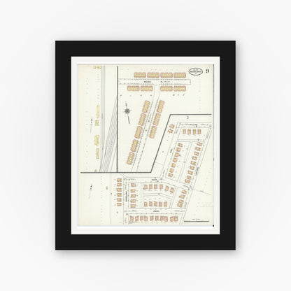 Old map wall art mockup — black gallery frame with white mat — Sanborn Fire Insurance Map from Woodlawn, Beaver County, Pennsylvania (1911), Sheet #0009
