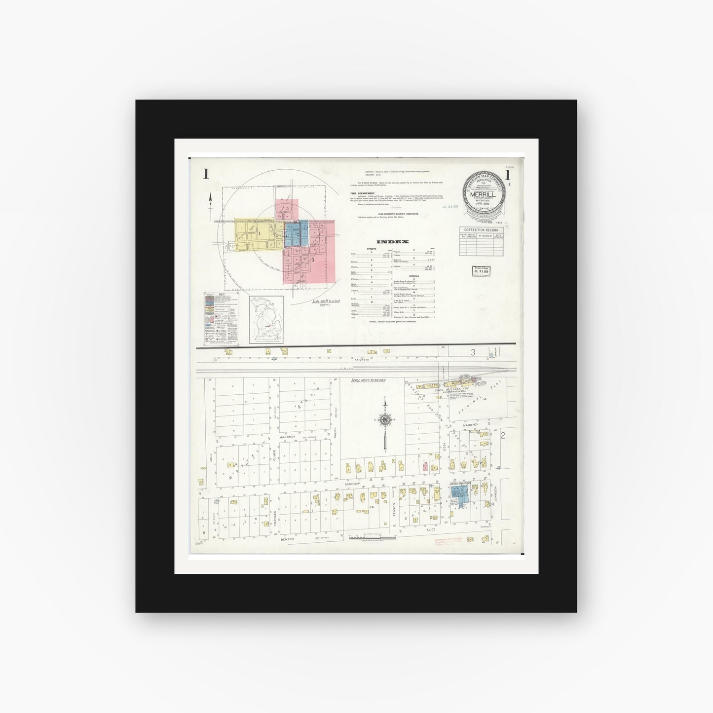 Old map wall art mockup — black gallery frame with white mat — Sanborn Fire Insurance Map from Merrill, Saginaw County, Michigan (1939), Sheet #0001