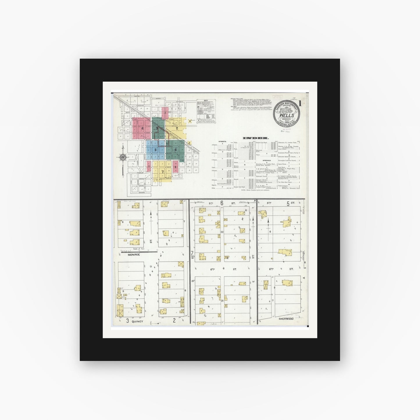 Old map wall art mockup — black gallery frame with white mat — Sanborn Fire Insurance Map from Wells, Faribault County, Minnesota (1909) - Complete Map Set