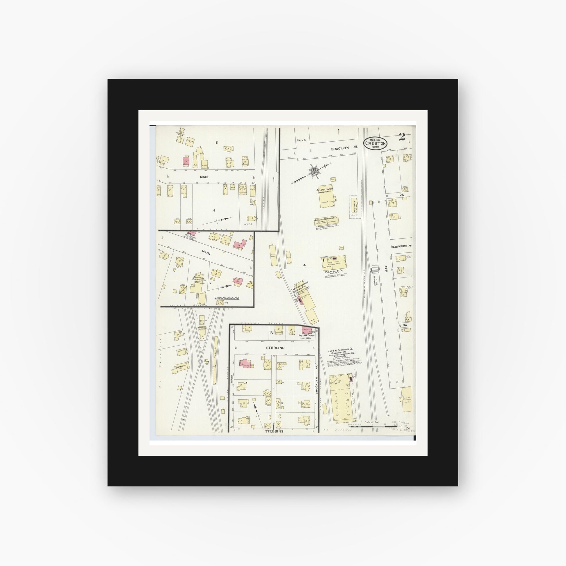 Old map wall art mockup — black gallery frame with white mat — Sanborn Fire Insurance Map from Creston, Wayne County, Ohio (1912), Sheet #0002