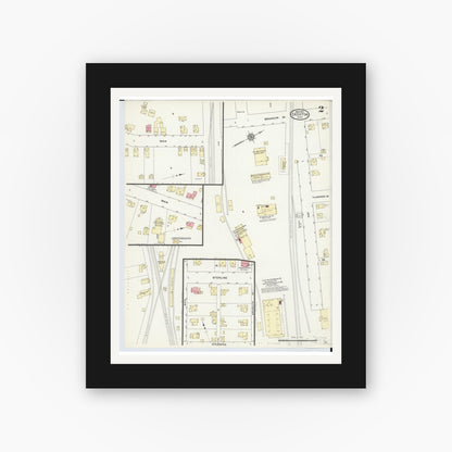 Old map wall art mockup — black gallery frame with white mat — Sanborn Fire Insurance Map from Creston, Wayne County, Ohio (1912), Sheet #0002