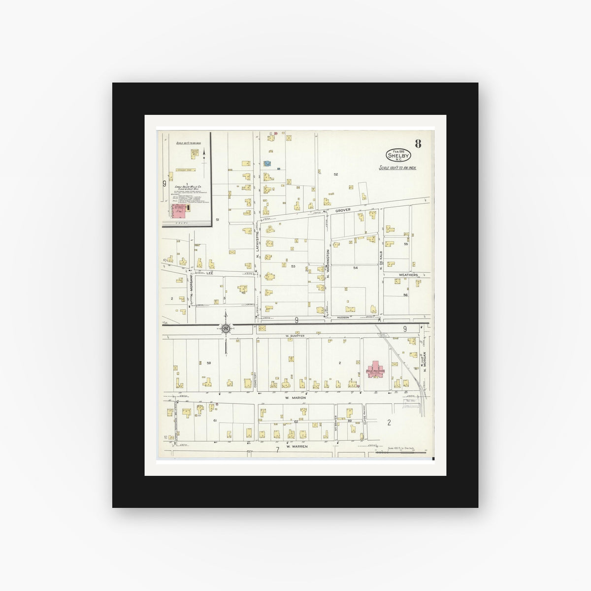 Old map wall art mockup — black gallery frame with white mat — Sanborn Fire Insurance Map from Shelby, Cleveland County, North Carolina (1916), Sheet #0008