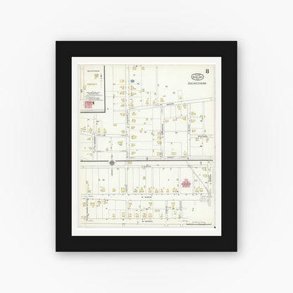 Old map wall art mockup — black gallery frame with white mat — Sanborn Fire Insurance Map from Shelby, Cleveland County, North Carolina (1916), Sheet #0008
