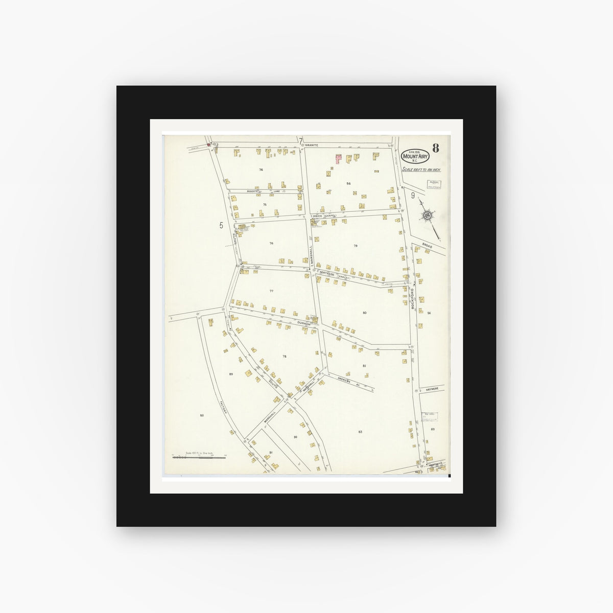 Old map wall art mockup — black gallery frame with white mat — Sanborn Fire Insurance Map from Mount Airy, Surry County, North Carolina (1916), Sheet #0008