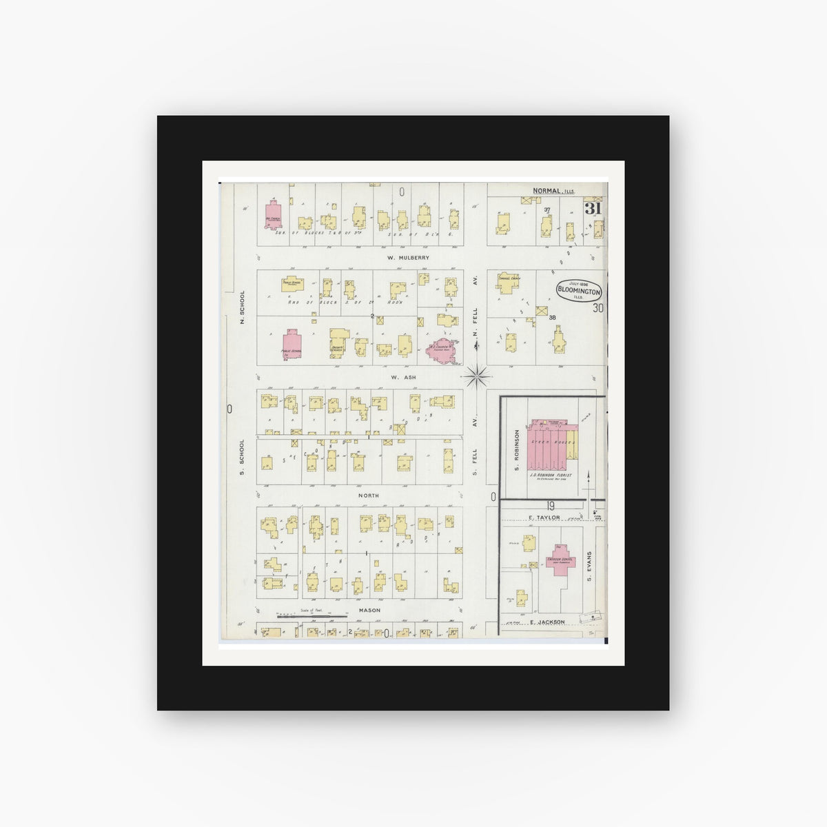 Old map wall art mockup — black gallery frame with white mat — Sanborn Fire Insurance Map from Bloomington, McLean County, Illinois (1896), Sheet #0031