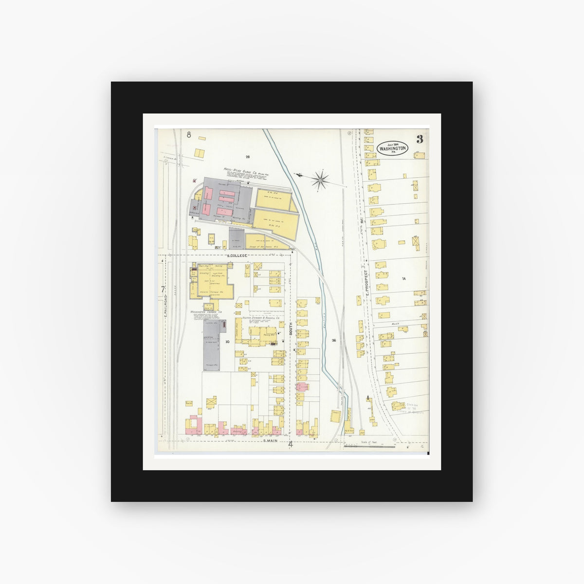 Old map wall art mockup — black gallery frame with white mat — Sanborn Fire Insurance Map from Washington, Washington County, Pennsylvania (1904), Sheet #0003
