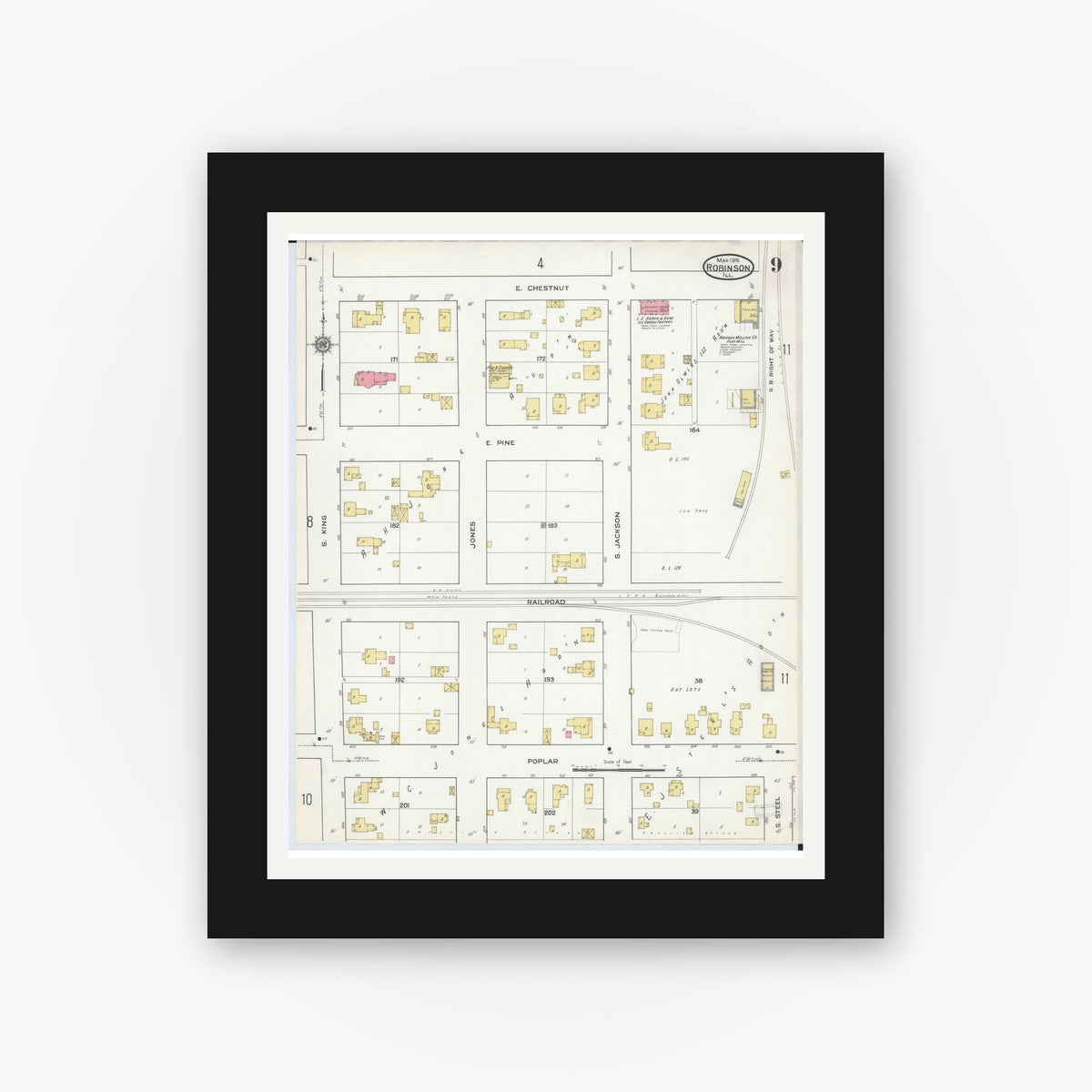 Old map wall art mockup — black gallery frame with white mat — Sanborn Fire Insurance Map from Robinson, Crawford County, Illinois (1916), Sheet #0009