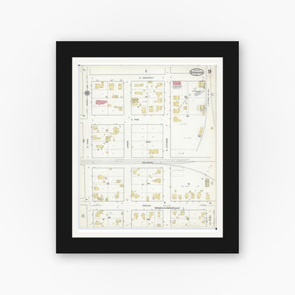 Old map wall art mockup — black gallery frame with white mat — Sanborn Fire Insurance Map from Robinson, Crawford County, Illinois (1916), Sheet #0009