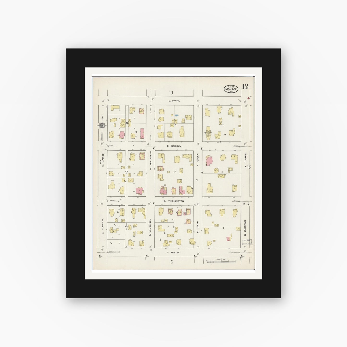 Old map wall art mockup — black gallery frame with white mat — Sanborn Fire Insurance Map from Monroe, Green County, Wisconsin (1915), Sheet #0012
