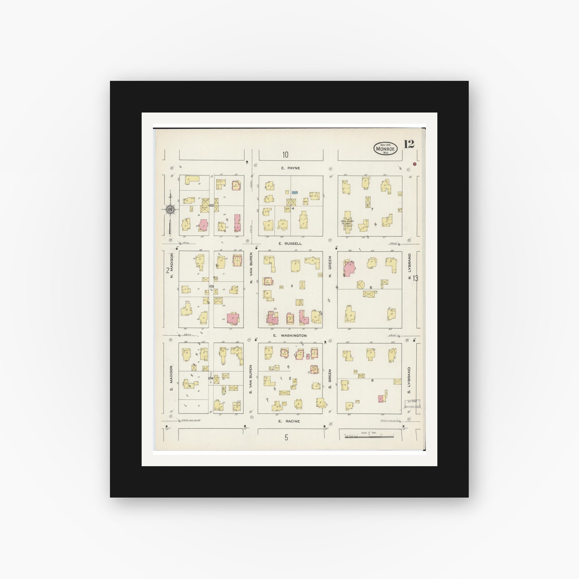 Old map wall art mockup — black gallery frame with white mat — Sanborn Fire Insurance Map from Monroe, Green County, Wisconsin (1915), Sheet #0012