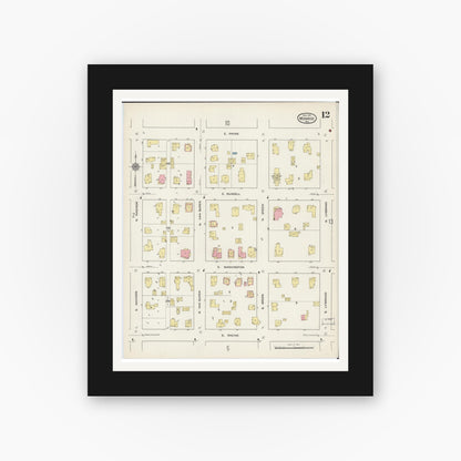 Old map wall art mockup — black gallery frame with white mat — Sanborn Fire Insurance Map from Monroe, Green County, Wisconsin (1915), Sheet #0012